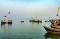 Boats lined up in Triveni Sangam, Prayagraj, Allahabad, India